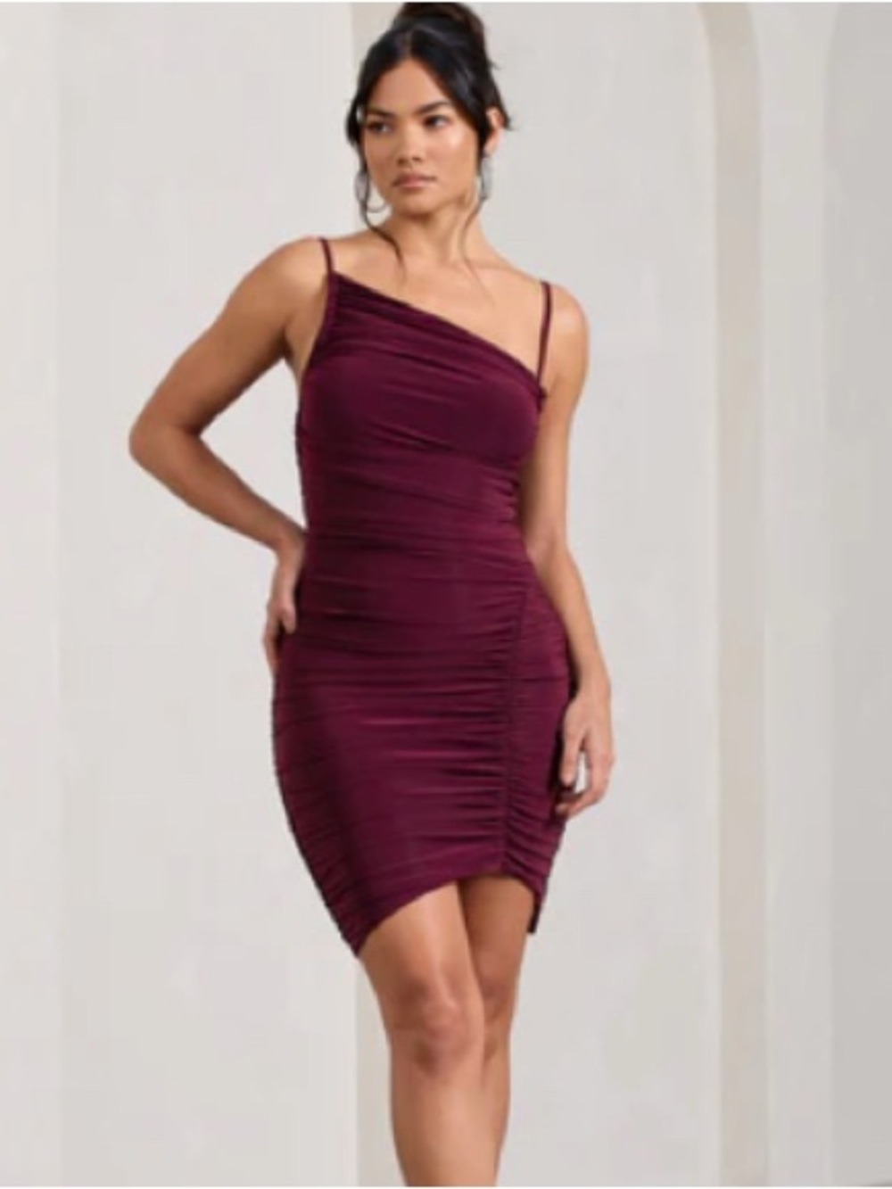 Club L London One-Shoulder Ruched Bodycon Dress - Burgundy